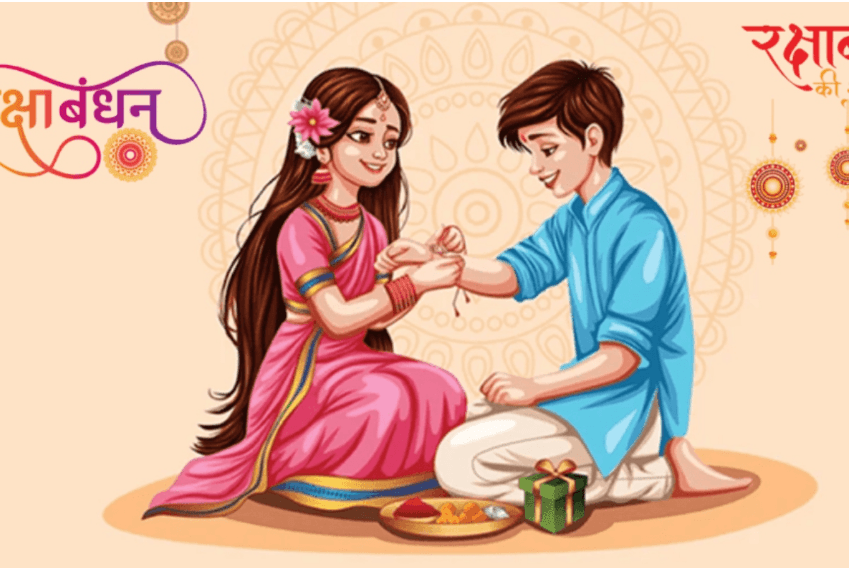 Sister tying rakhi to her brother on Raksha Bandhan 2025 with gift box and sweets